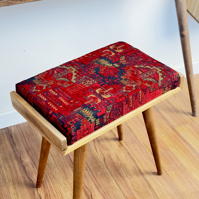 Jabed Ottoman Stool, Walnut Piano Bench, Vanity Stool & Functional Footrest for Living Room, Red Geometric