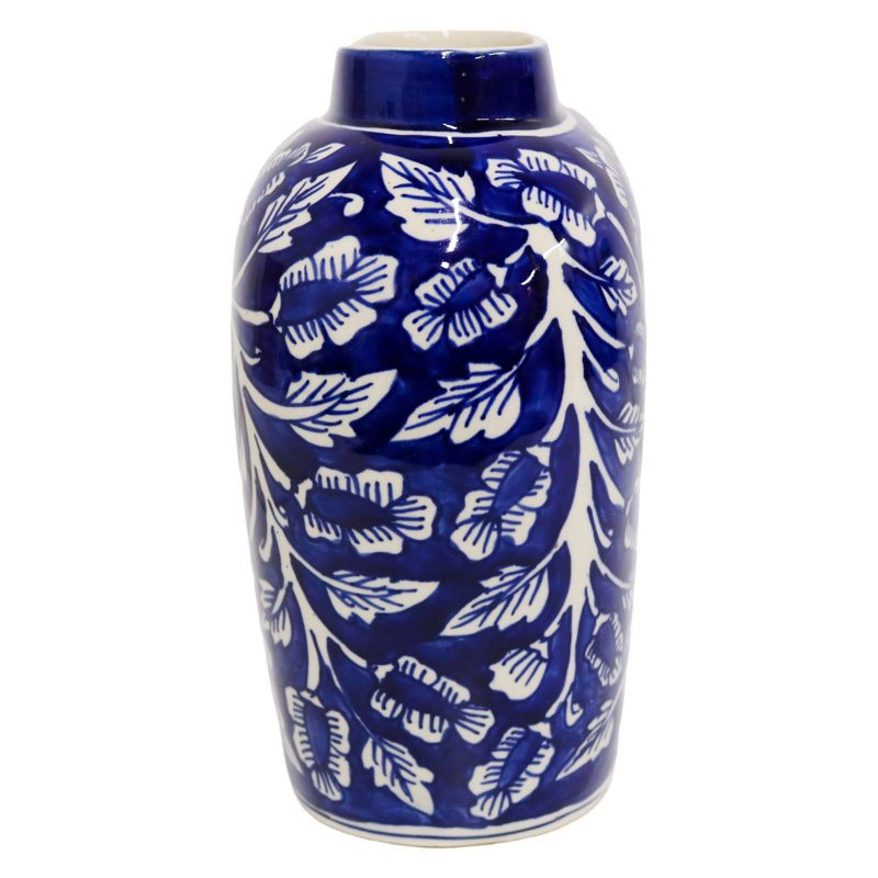 Home&Manor Ceramic Large Blue Vase, Blue, 10.5" H x 10" W x 5" D