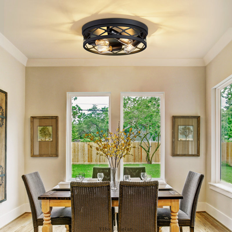 2-Pack 4-Light Matte Black Industrial Flush Mount Round Ceiling Light