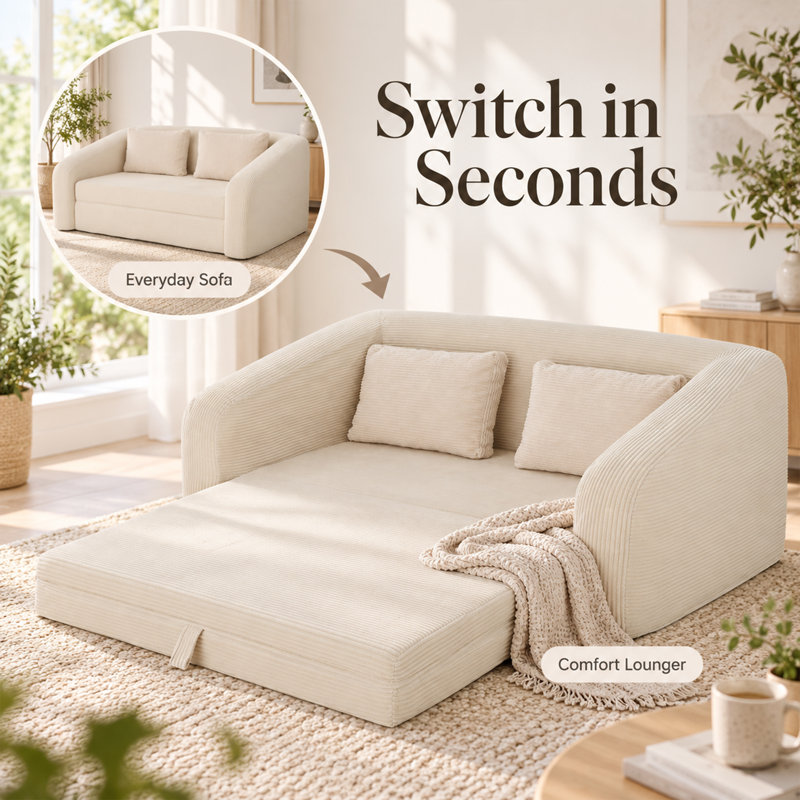 Cream Corduroy Folding Sofa Bed - 140 x 178cm Guest Bed, Washable Cover