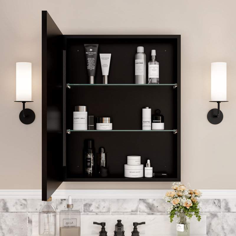 24" W x 30" H Elise Iron Framed Recessed/Surface Mount Medicine Cabinet with Mirror, Adjustable Glass Shelves for Makeup, Shaving or Bathroom Vanity Storage