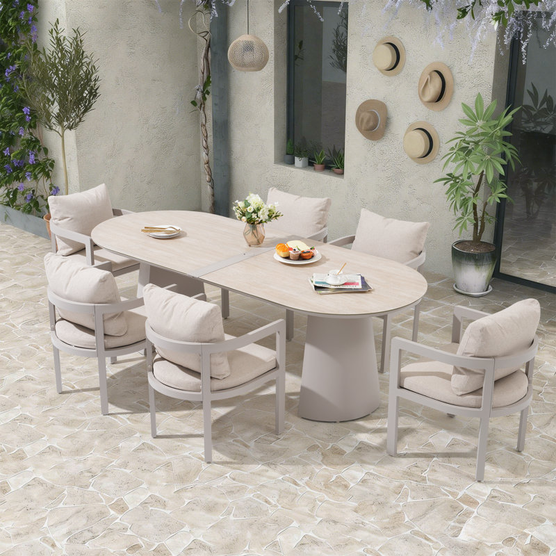 7- Piece Outdoor Dining Set With Cushions, Flaxen Cushion/Flaxen Frame