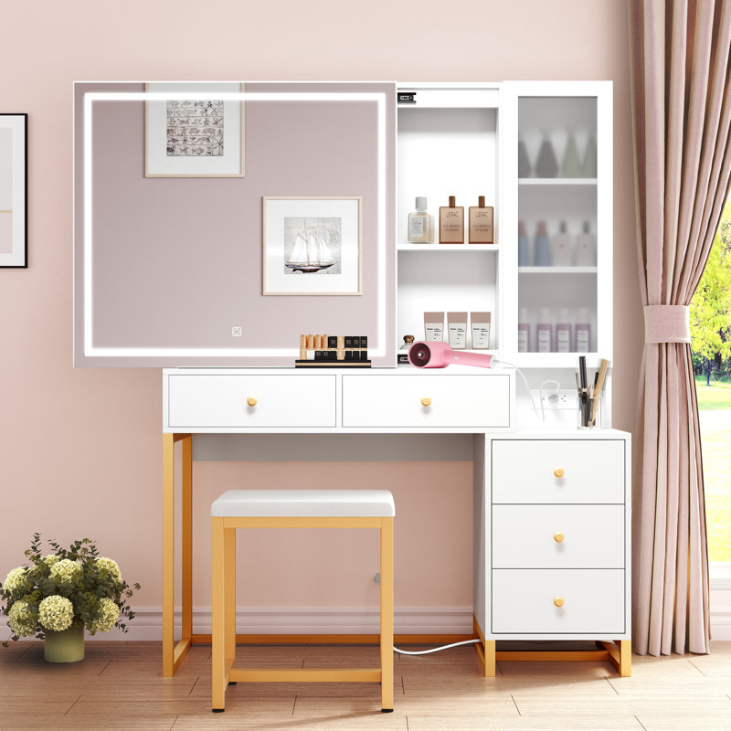 Modern Vanity Desk with LED Lights and Storage, Makeup Vanity Table With Charging Station & 5 Drawers, Storage Cabinet, Vanity Set With Sliding Mirror, Brightness Adjustable, For Bedroom, Dressing Room