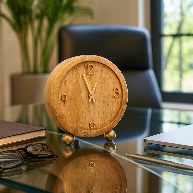 Horloge décorative ronde en bois avec pieds en fer pour décoration intérieure - Horloge de table pour manteau de cheminée, vestibule ou bureau - 7 po, brun clair et brun