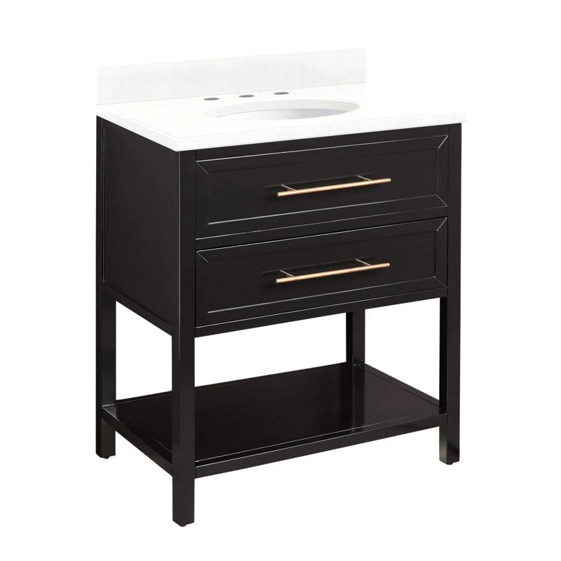 Ensemble de meuble-lavabo simple 30 po avec lavabo encastrable ovale Robertson, Quartz blanc plume, Noir, 8 po