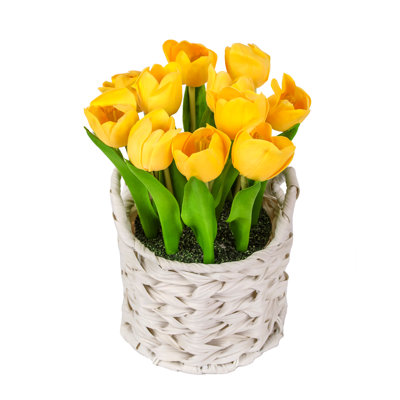 Bouquet de tulipes dans un panier blanc