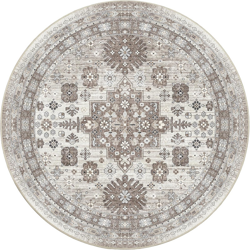 Medallion Non Slip Washable Rug(Brown), Round 6'