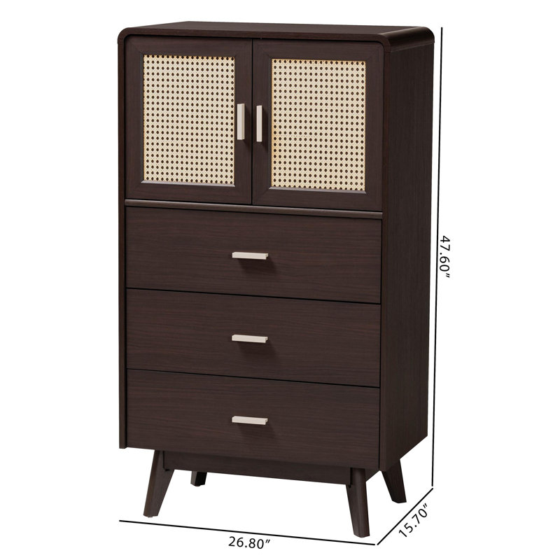 Giancarlo Espresso Brown 3-Drawer Wood Storage Chest with Rattan Doors