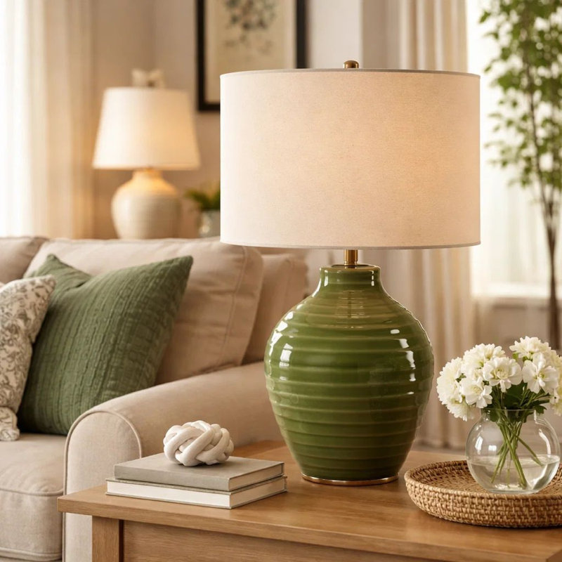 Lampe de table, abat-jour en céramique texturée vert et lin beige, 23 po