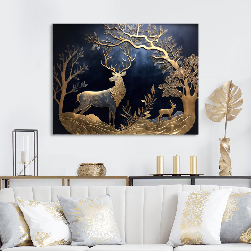 Cerf doré dans la forêt II - art mural forêt, Toile tendue, H 16 po x l 32 po