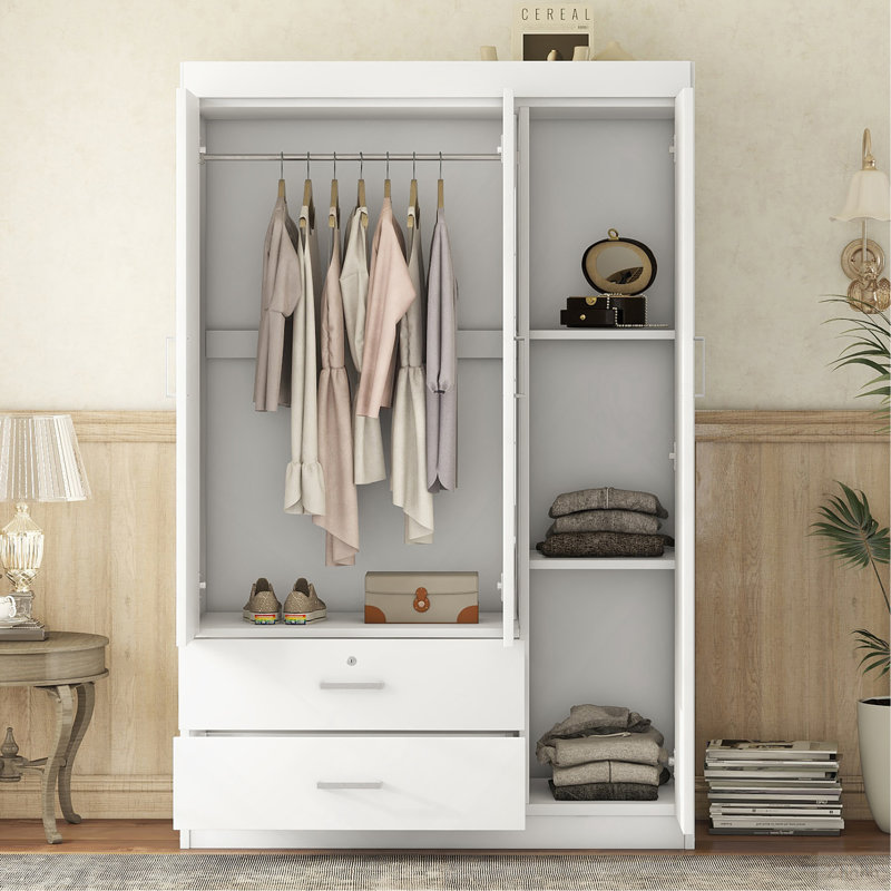 3-Door Mirror Wardrobe with shelves, White