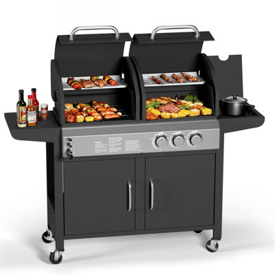 24,000 BTU 3-Burner Propane Portable Flat Top Griddle with Hood & Removable Cart – Ideal for Camping, Tailgating & Backyard
