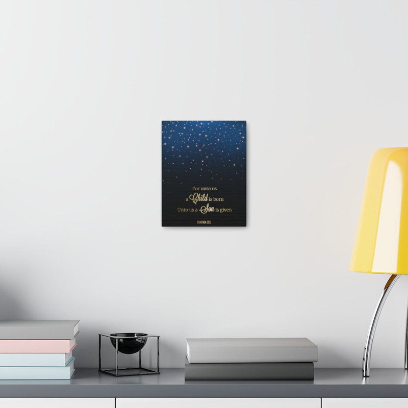 «For Unto Us a Child Is Born Isayah», art textuel sur toile tendue, H 20 po x l 16 po x P 1,25 po
