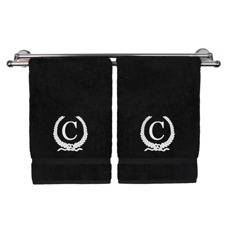Essuie-mains monogramme - ensemble de 2 - lettre de conception de couronne, Noir / blanc, C