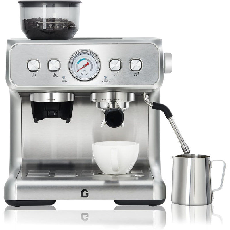 Espresso Machine with Grinder, 20 Bar Pressure, Milk Frother Wand, 2.8L Removable Tank for Latte and Cappuccino, Stainless Steel