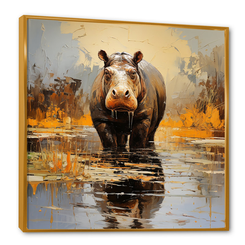Hippopotame roi 5 - Hippopotame, art mural de salon, Cadre flottant doré, H 36 po x l 36 po x P 1,5 po