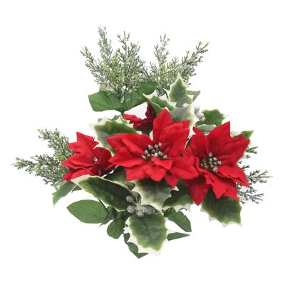 Bouquet de 12 tiges artificielles de 12 poinsettias artificiels, feuillage de poinsettia en velours artificiel