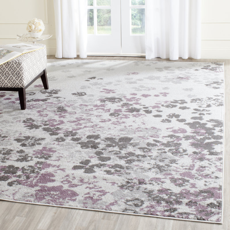 Tapis ivoire / gris / mauve à motif floral Makeba, Rectangle de 10 pi x 14 pi