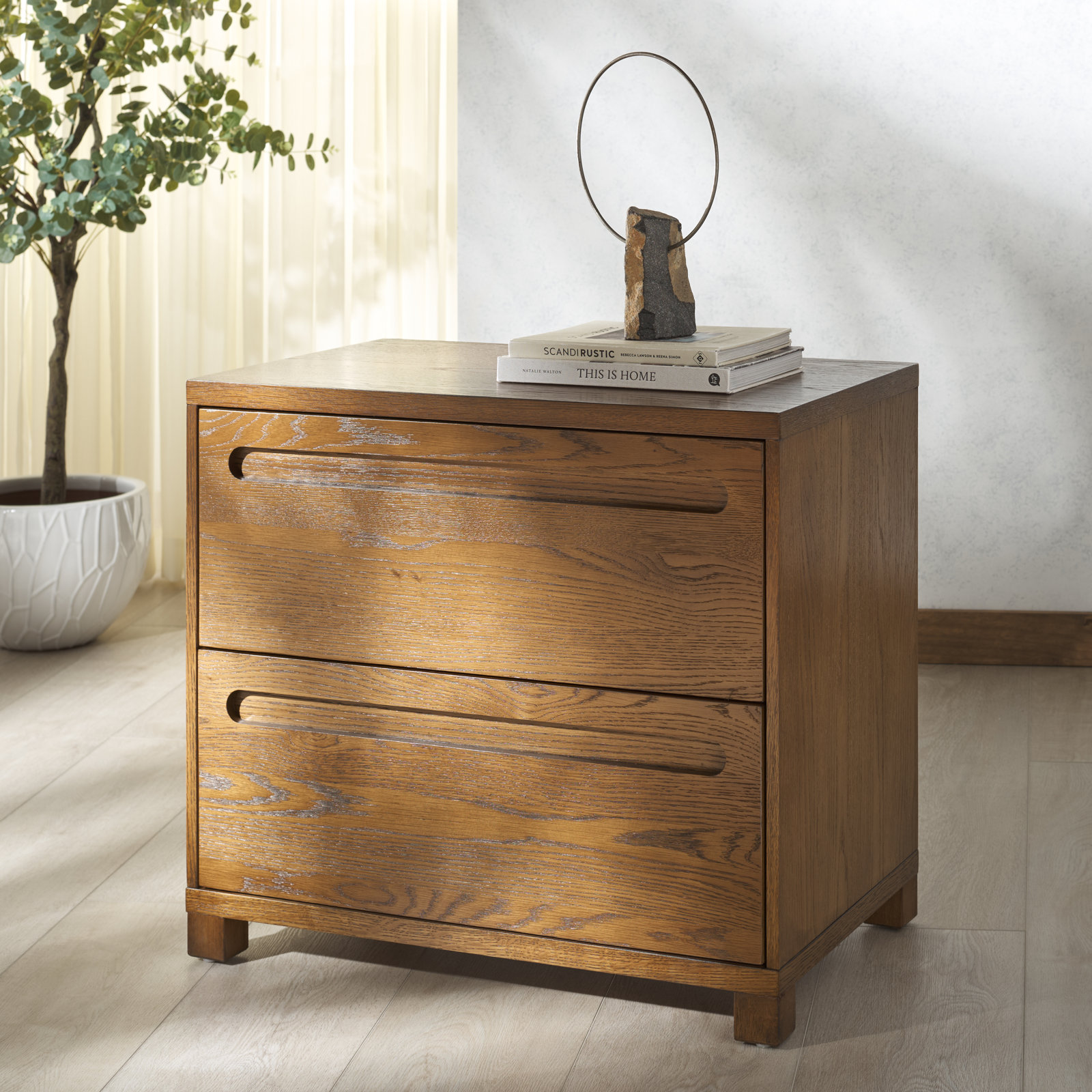 Lesheka 2 Drawer Wood Nightstand, Medium Oak