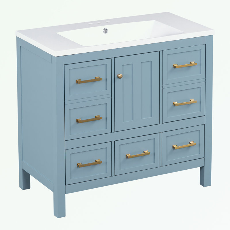 Ensemble de meuble-lavabo avec lavabo en résine, 5 tiroirs et portes à fermeture douce, Bleu