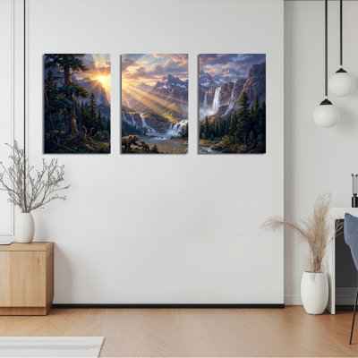 Paysage de montagne avec ours et cascade, reproduction d'art sur toile tendue sur toile, ensemble de 3