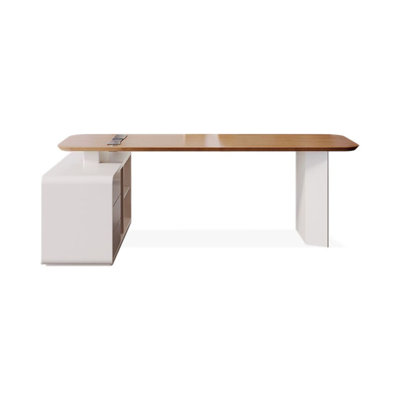 Bureau double caisson en L en bois massif clair avec tiroirs
