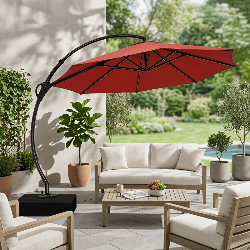 Parasol déporté incurvé de 3,65 m (12 pi) avec base, sacs de lestage et housse, pour terrasse et jardin., 12 pi, Rouge