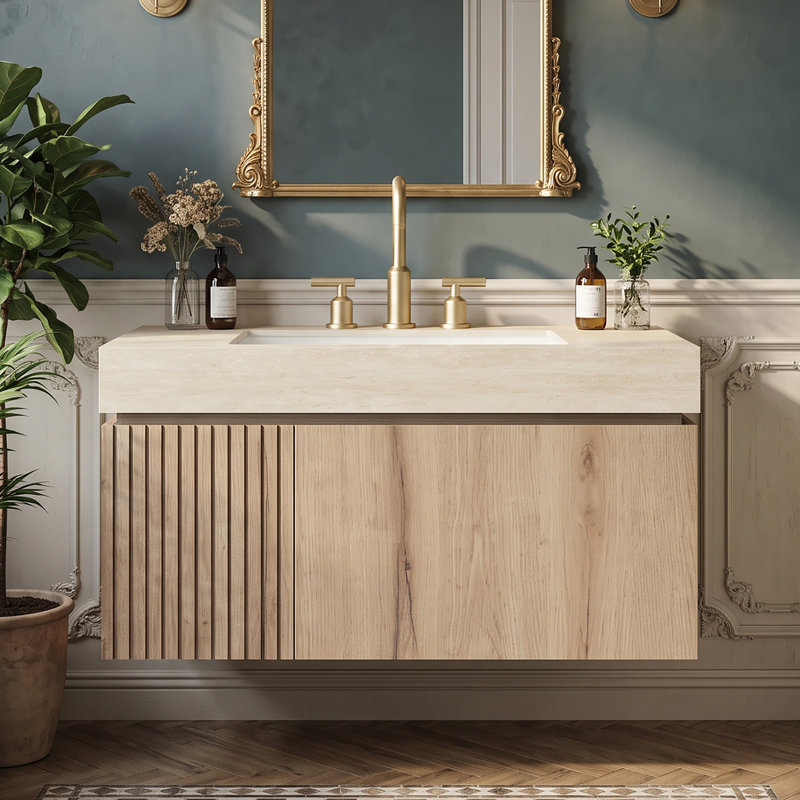 Meuble-lavabo mural simple 36 po avec surface solide 36 po, Chêne blanc