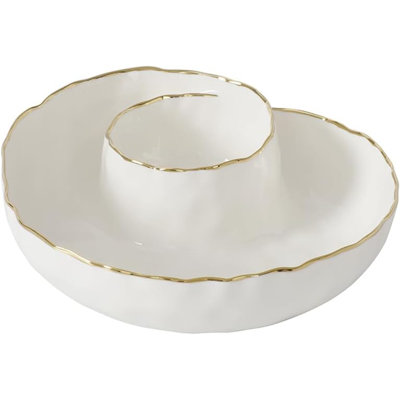 Bol de service rond en porcelaine blanche pour croustilles et sauces, avec bordure dorée, collection Portofino pour recevoir à table