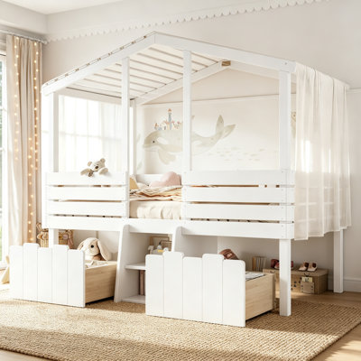 Lit mezzanine simple avec de jolis escaliers et 2 grands tiroirs de rangement, lit mezzanine bas avec toit en forme de maison, conception enfantine et sans sommier, style maison de campagne, blanc