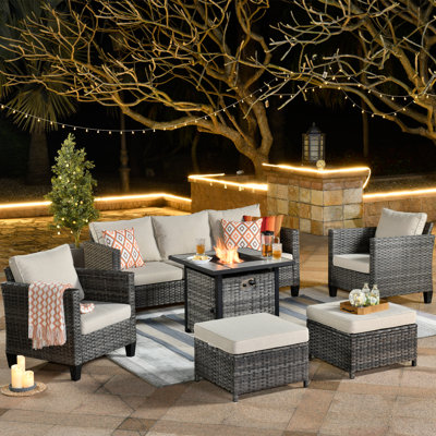 Allcot 5 - Person Wicker/Rattan Patio Furniture Set, Outdoor Fire Pit Sofa Set with Throw Pillows and Comfy Cushions