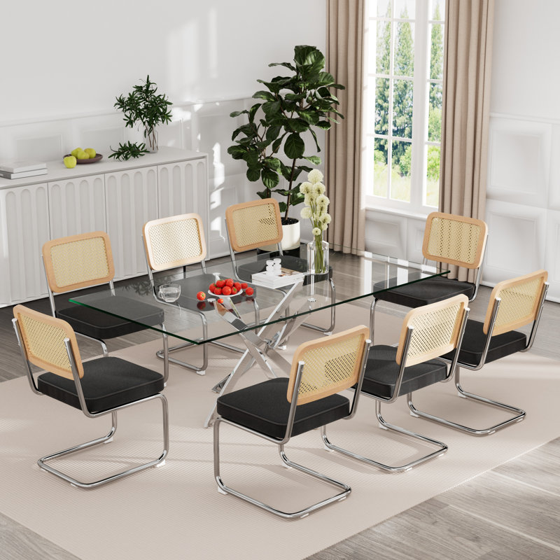 Ensemble de table rectangulaire en verre trempé, 9, Noir / Naturel / Argent