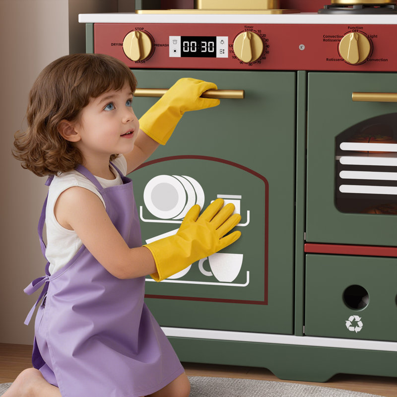 Wooden Play Kitchen For Kids With Realistic Lights & Sounds, Faucet, Oven, Microwave, Fun Accessories, Gift For Ages 3+, Green