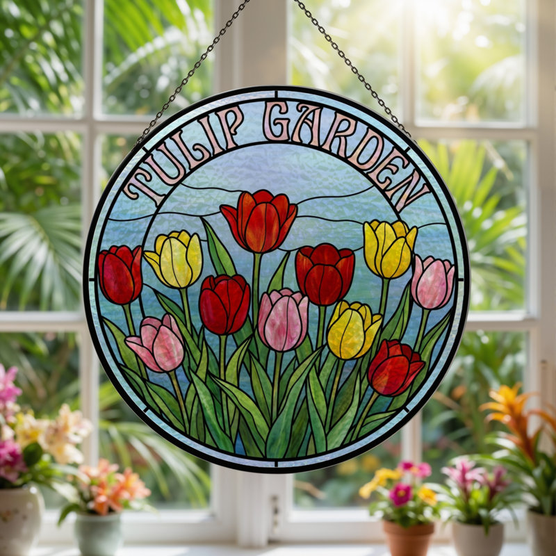 7.8"H Tulip Garden Stained Glass Window Panel, 7.8" H x 7.8" W