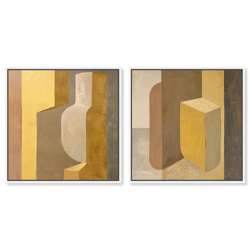 Columnar Forms Diptych Canvas Print Beige Wall Decor Set by Art Remedy, Black Frame, 12 x 12, 41" H x 41" W, White Frame