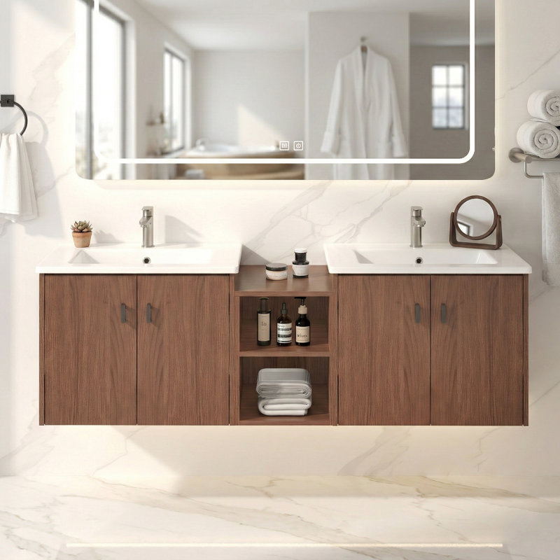 Ensemble de meuble-lavabo modulaire 60 "avec portes à fermeture douce et tablettes ouvertes, cerisier