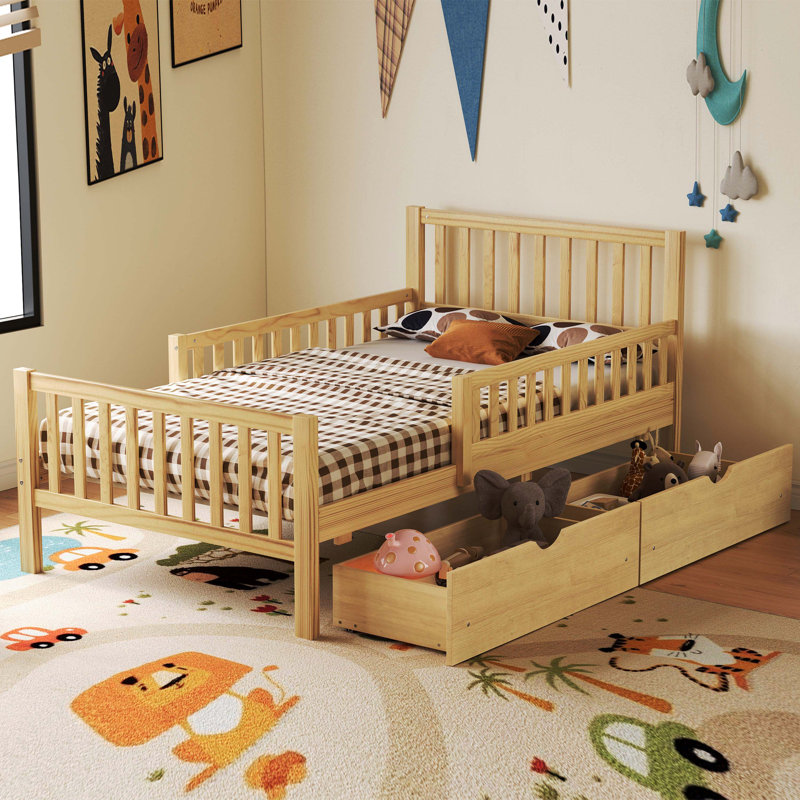 Lit plateforme simple en bois naturel avec garde-corps double et 2 tiroirs de rangement, Lit simple, Naturel