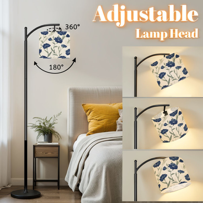 Lampe sur pied à arc avec abat-jour réglable bleu bleuet floral feuilles vert tendre crème lampe sur pied 3 températures de couleur à intensité variable haute lampe sur pied avec interrupteur au pied pour la chambre à coucher