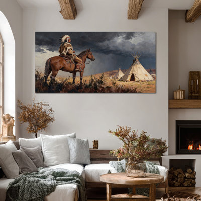 Native American Canvas Wall Art, Western Indian Decor Framed Painting Prints, Horse Warrior Teepee Picture Poster, Ready to Hang Canvas Artwork for Living Room Bedroom Office Gallery Home Decoration, 16×32 Inches