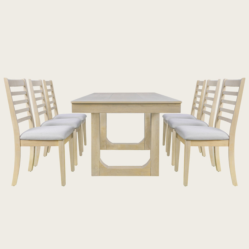 7-Piece Farmhouse Extendable Dining Table Set, 78" Rustic Wooden Table with 6 Upholstered Chairs, Natural, Gray/Yellow