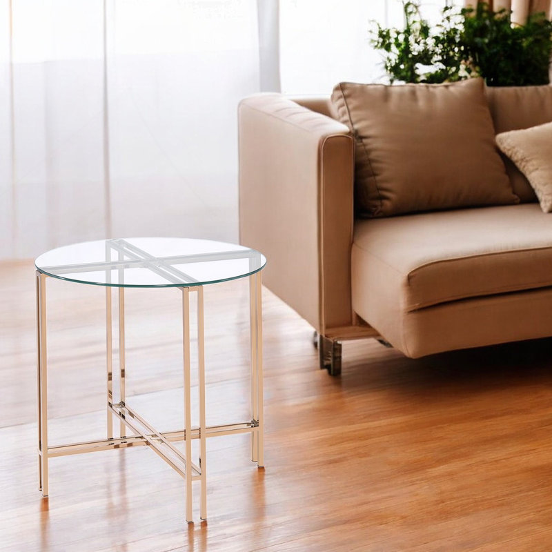 Table de bout avec plateau en verre transparent et finition champagne