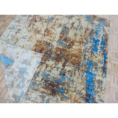 Tapis unique en laine noué à la main brun / ivoire 8 pi 3 po x 9 pi 11 po Mahsiah