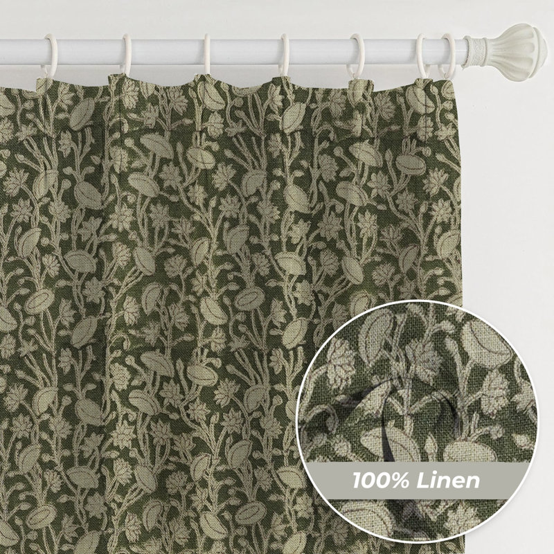 Fabdivine Green or Brown Handmade Floral Block Print 100% Blackout Room Darkening Elegant Window and Door, Patio Hook Drapes Thick Linen Spring, Summer 27x63 Inches for Living Room, Pista
