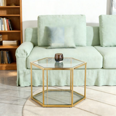 Table basse moderne en verre trempé à 2 niveaux avec rangement et structure en acier inoxydable
