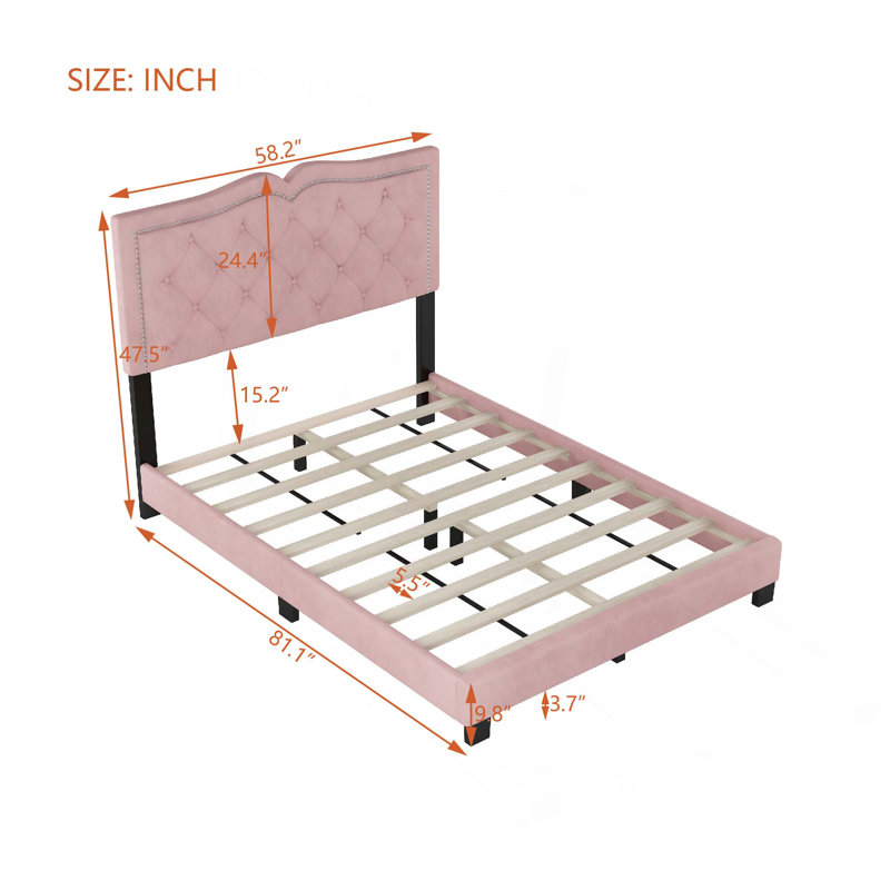 Malefatto Velvet Upholstered Bed with Tufted Headboard & Wooden Frame, Pink, Queen