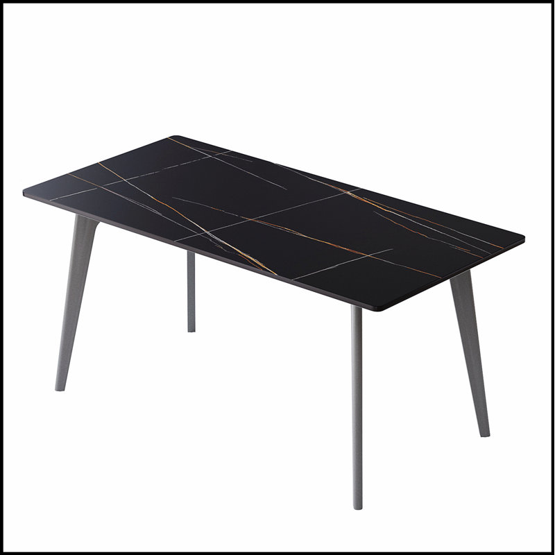 Table de salle à manger moderne en pierre artificielle avec bord droit noir et pieds en métal gris foncé pouvant accueillir six personnes