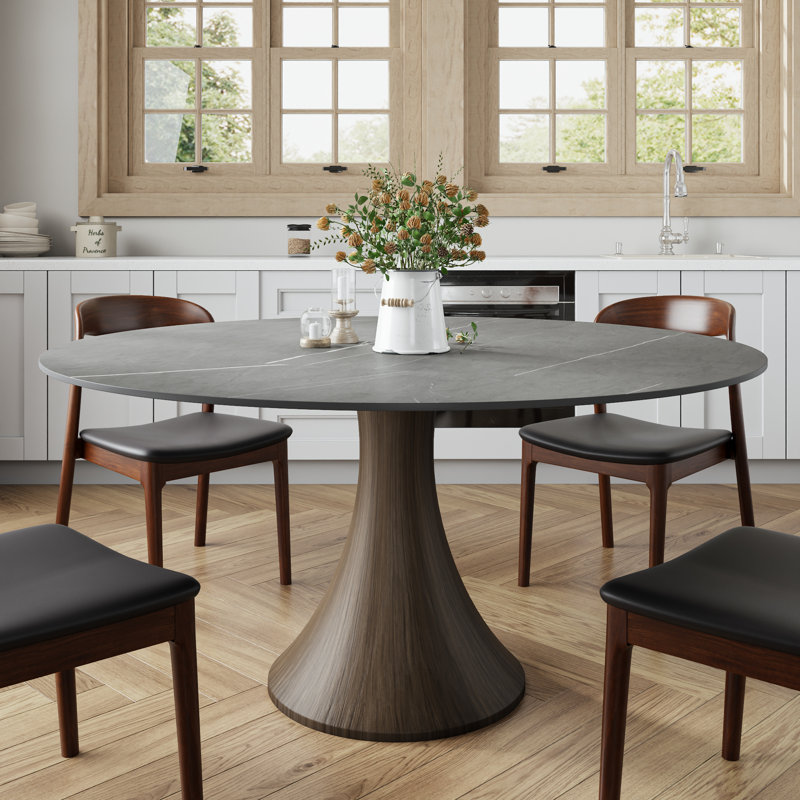 Luxury Gray Sintered Stone Round Dining Table Solid Wood Base For 4/6/8, 29.52" H x 59.06" W x 59.06" D