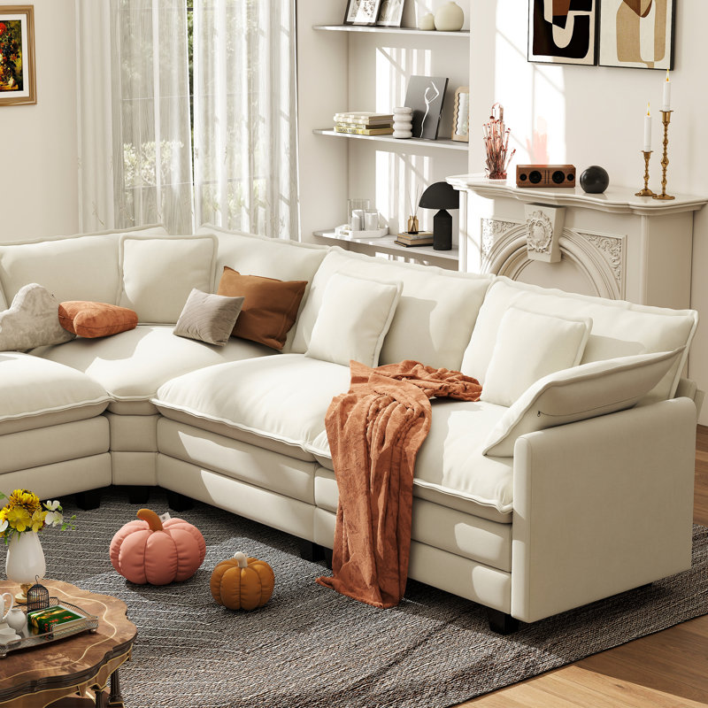George 111.5" Modern 7 Seat Chenille L Shaped Modular Sectional Sofa With Two Ottomans, Beige