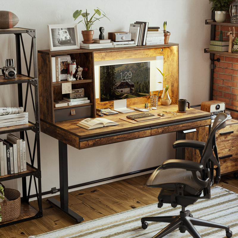 Bureau debout à hauteur réglable avec huche, Brun rustique / noir