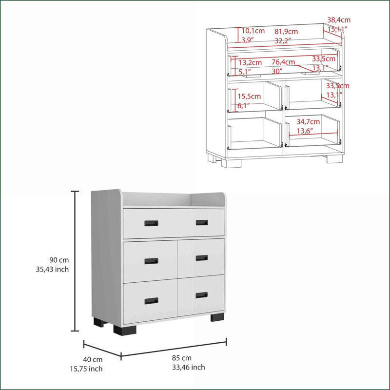 Commode à 5 tiroirs (4 simples et 1 double) | Plateau spacieux | Blanc | Panneau de particules